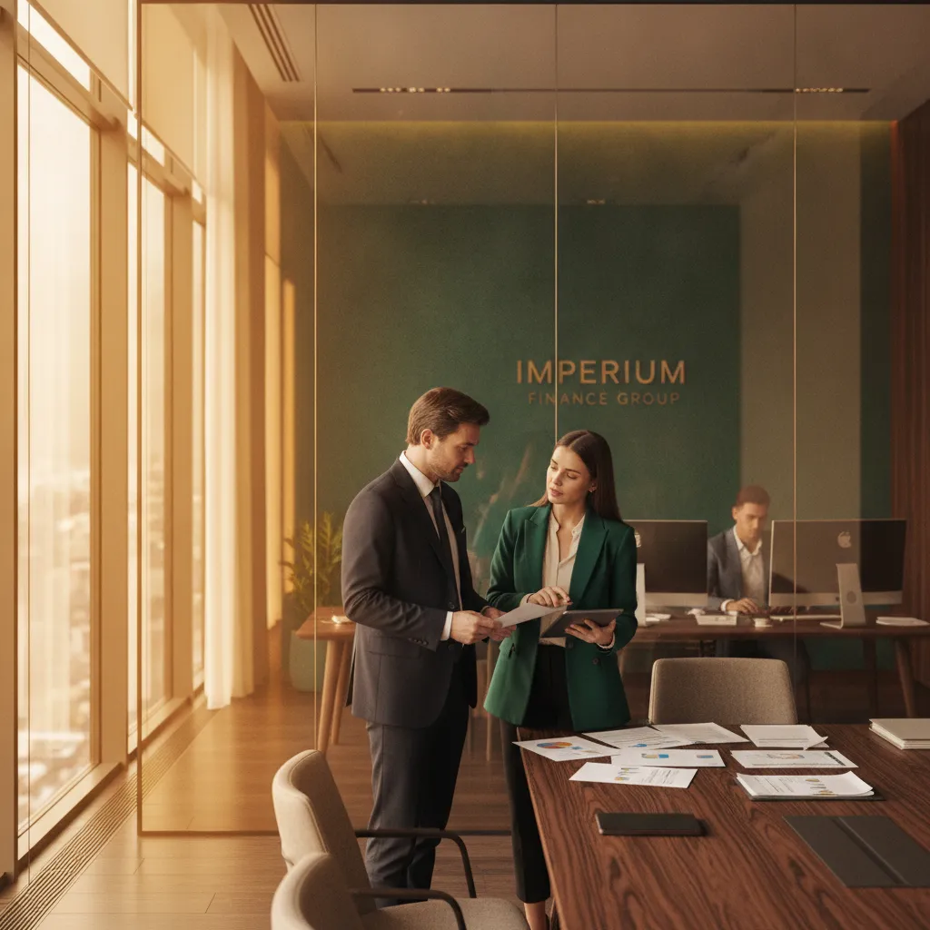 Echipa Imperium Finance Group — consultanți financiari în birou modern elegant